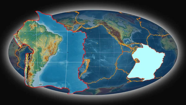 南美板块挤压并与莫尔维德投影中的全球地形图相对照 3D渲染 — 图库照片