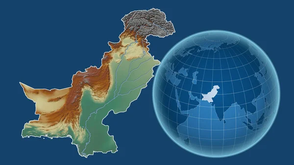 Pakistan. Globe with the shape of the country against zoomed map with its outline isolated on the blue background. topographic relief map