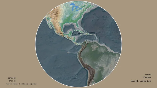 巴拿马的区域以荒凉的背景为中心 围绕着它的大陆 大写的地理推论和名称 彩色物理图 — 图库照片