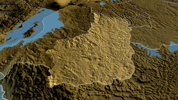 Amajyepfo - province of Rwanda zoomed and highlighted. Main physical landscape features. 3D rendering