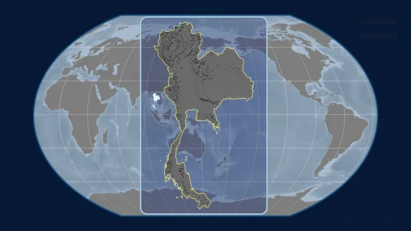 Zoomed-in view of Thailand outline with perspective lines against a global map in the Kavrayskiy projection. Shape centered. grayscale elevation map