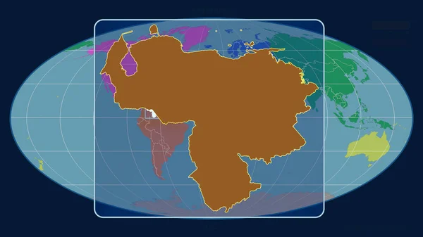 Zoomed-in view of Venezuela outline with perspective lines against a global map in the Mollweide projection. Shape centered. color map of continents