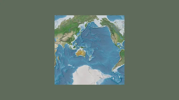Square frame of the large-scale map of the world in an oblique Van der Grinten projection centered on the territory of Vanuatu. Satellite imagery