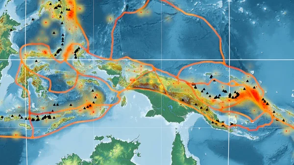 Maoke Tectonic Plate Mollweide Projection 지형학적 지도에 설명되어 렌더링 — 스톡 사진