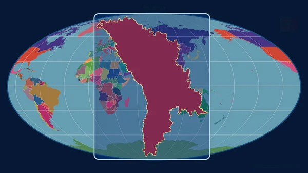 Увеличенный Взгляд Молдову Перспективными Линиями Против Глобальной Карты Проекции Молльвейде — стоковое фото