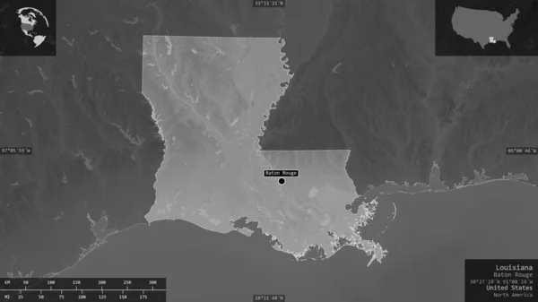 Louisiana, state of United States. Grayscaled map with lakes and rivers. Shape presented against its country area with informative overlays. 3D rendering