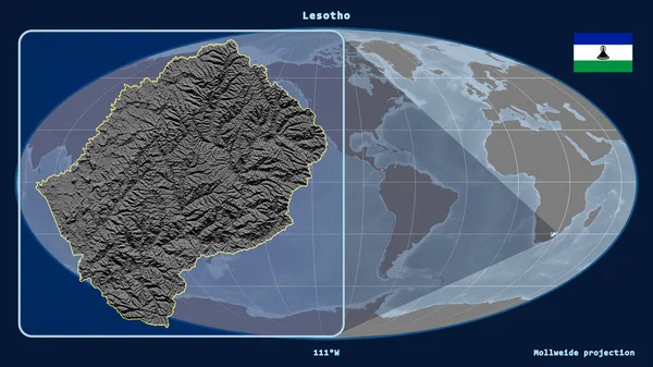 Вид Лесото Перспективными Линиями Против Глобальной Карты Проекции Моллвейда Форма — стоковое фото