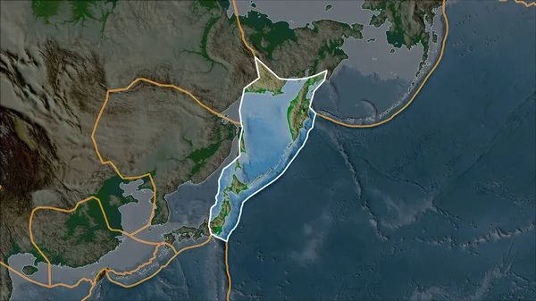 Umrissene Tektonische Platte Von Okhotsk Auf Der Physikalischen Landkarte Getrennt — Stockfoto