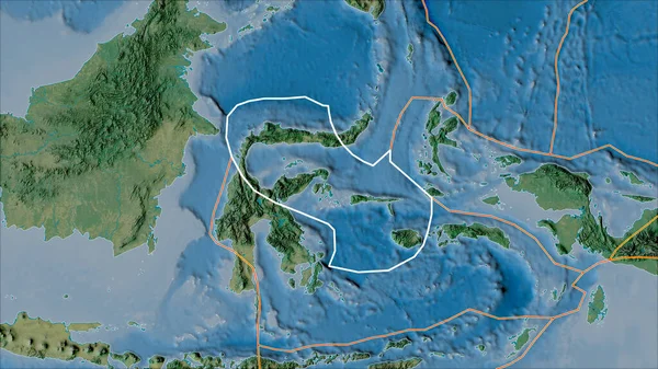 概要ヴァン グリンテンI予測 斜めの変換 の地形図上の隣接するプレートのモルッカ海地殻プレートと境界 — ストック写真