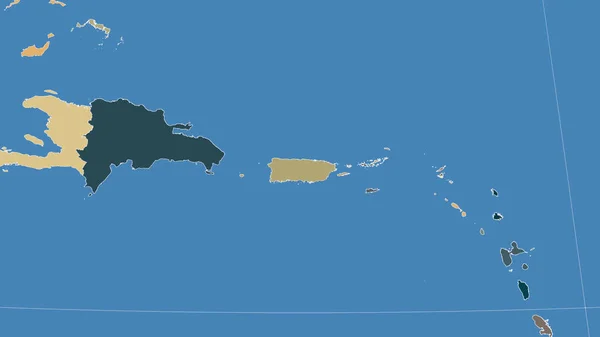 波多黎各及其邻近地区 距离偏斜的视角 没有轮廓 行政区划的彩色地图 — 图库照片