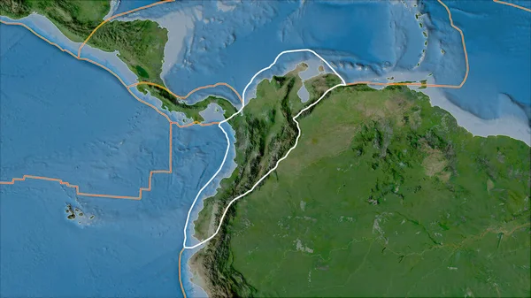 Van Der Grinten I投影 斜变换 中卫星A地图上的北安第斯山脉板块和相邻板块的边界 — 图库照片