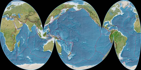 Mollweide 投影世界地图的中心是东经0度 卫星图像B 具有满足和构造板块边界的栅格组合 3D插图 — 图库照片