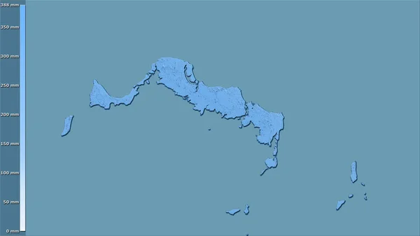 特克斯和凯科斯群岛地区内带图例的立体投影中的西风带降水 栅格层的原始成分 — 图库照片