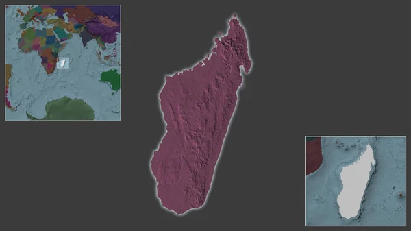 马达加斯加的近景及其在该地区的位置 以及在一个大比例尺世界地图中心的位置 行政区划的彩色地图 — 图库照片