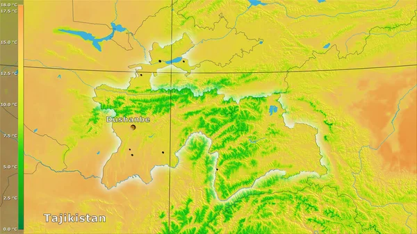 凡例付きの立体投影におけるタジキスタン地域内の平均気温変化 主な組成 — ストック写真