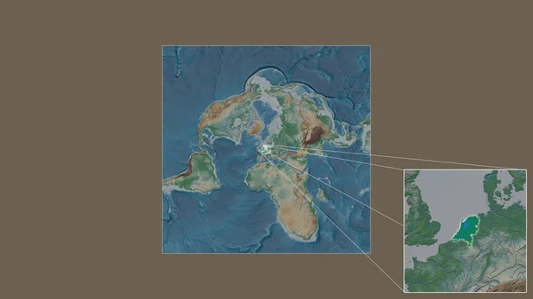 从世界大比例尺地图中提取出的荷兰扩大和扩大的区域 其主要线连接了框架的各个角落 彩色物理图 — 图库照片