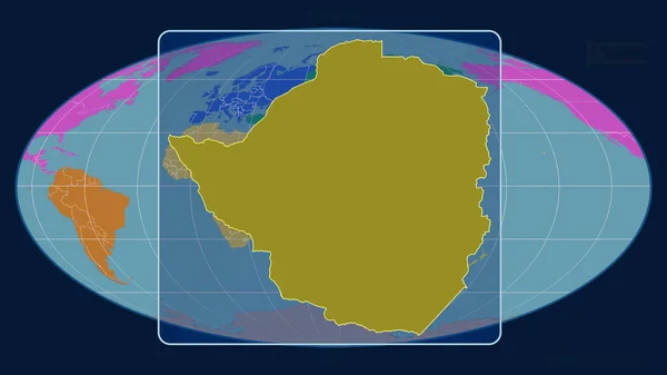 在Mollweide投影中 用透视线与全球地图对齐 放大了津巴布韦的轮廓 形体中心 各大洲的彩色地图 — 图库照片