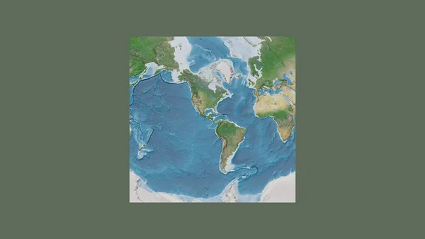 Square frame of the large-scale map of the world in an oblique Van der Grinten projection centered on the territory of Nicaragua. Satellite imagery