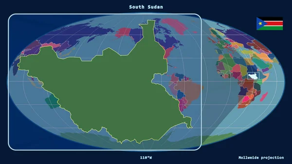 Vergrößerte Ansicht Des Südsudan Mit Perspektivischen Linien Gegen Eine Weltkarte — Stockfoto
