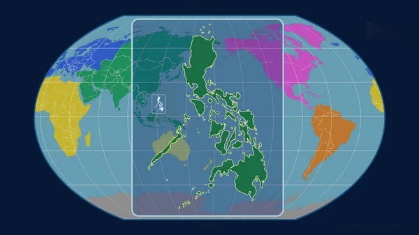 Zoomed-in view of Philippines outline with perspective lines against a global map in the Kavrayskiy projection. Shape centered. color map of continents