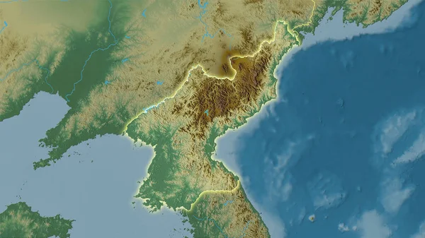 Stereografik Projeksiyondaki Kuzey Kore Bölgesinin Topoğrafik Yardım Haritası Işık Saçan — Stok fotoğraf