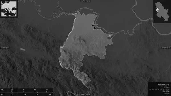 Macvanski Bezirk Von Serbien Graustufige Karte Mit Seen Und Flüssen — Stockfoto