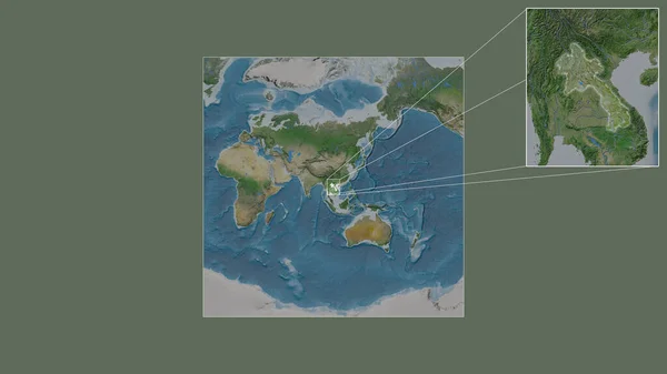 世界の大規模な地図から抽出されたラオスの拡大拡大領域と フレームの隅を結ぶ主要線 衛星画像 — ストック写真