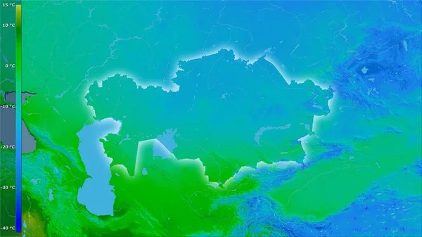 哈萨克斯坦地区内立体图投影中最冷部分的平均温度 具有发光轮廓的光栅层的原始成分 — 图库照片