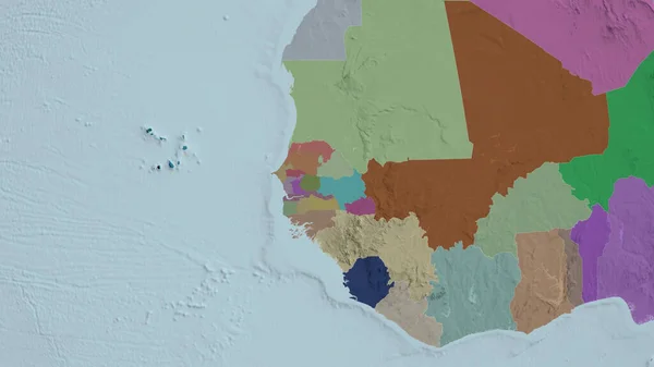 Сенегал Увеличен Окружен Цветная Карта Административного Деления Рендеринг — стоковое фото