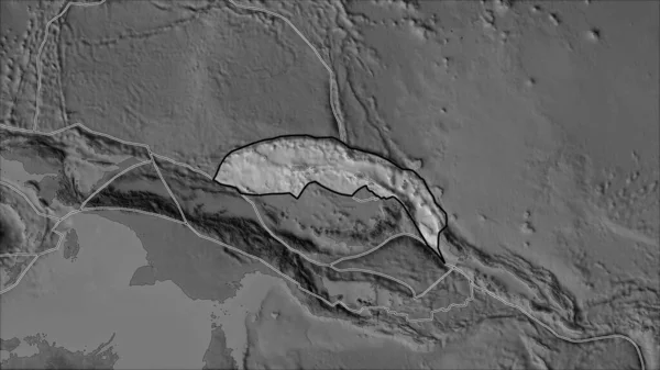 隣接する地域の砂漠化によって分離されたグレースケール地図上の北ビスマルク地殻プレートの概要 ヴァン グリンテンI予測 斜めの変換 — ストック写真