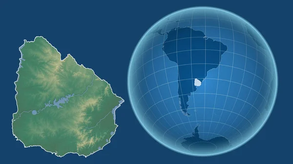 ウルグアイ 青い背景に孤立した輪郭を持つ拡大地図に対して 国の形をした球体 地形図によると — ストック写真