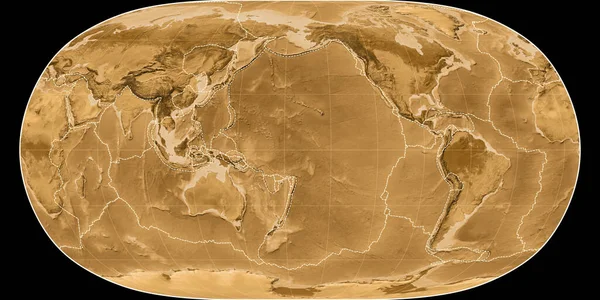 World map in the Natural Earth projection centered on 170 West longitude. Sepia tinted elevation map - composite of raster with graticule and tectonic plates borders. 3D illustration
