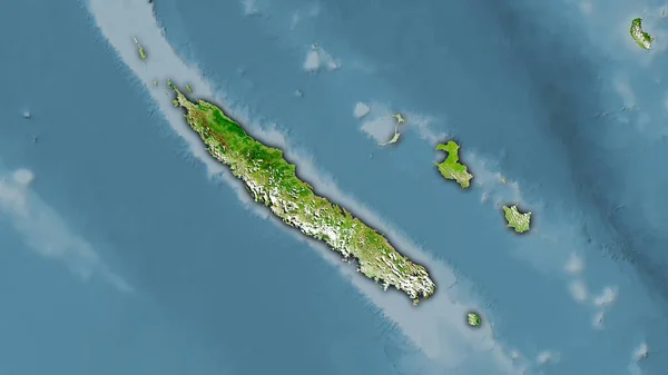 衛星上のニューカレドニアエリア立体投影図の地図 暗い輝線の輪郭を持つラスター層の生の組成 — ストック写真