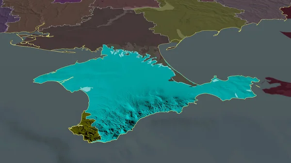 Crimea - autonomous republic of Ukraine zoomed and highlighted. Colored and bumped map of the administrative division. 3D rendering