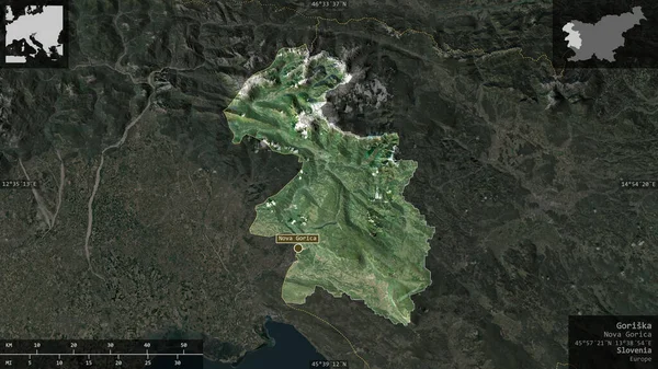 Goriska 斯洛文尼亚统计区 卫星图像 以信息覆盖的形式呈现在其国家区域上 3D渲染 — 图库照片