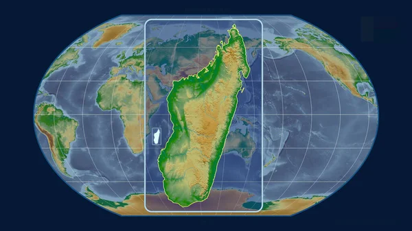 Увеличенный Вид Мадагаскар Перспективными Линиями Против Глобальной Карты Каврайской Проекции — стоковое фото