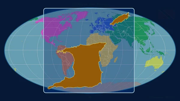 トリニダード トバゴを視野に入れつつ拡大し モルウェイド予測の世界地図に対する視点線で輪郭を描きます 形を中心に 大陸のカラーマップ — ストック写真