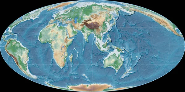 Světová Mapa Mollweidově Projekci Soustřeďuje Východní Délky Barevné Stínítko Výšková — Stock fotografie