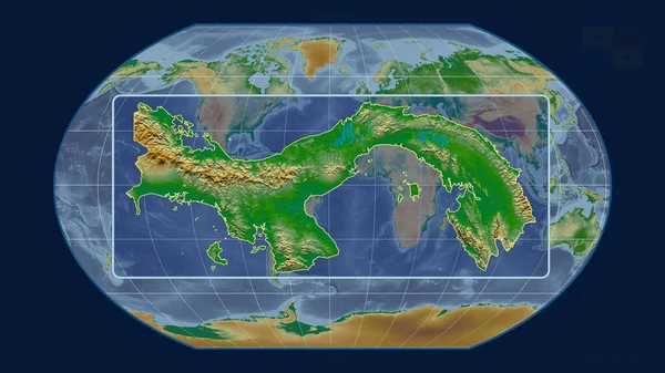 パナマのアウトラインを視野線で拡大し カヴァライスキー予測の世界地図に対して 形を中心に 色物理図 — ストック写真