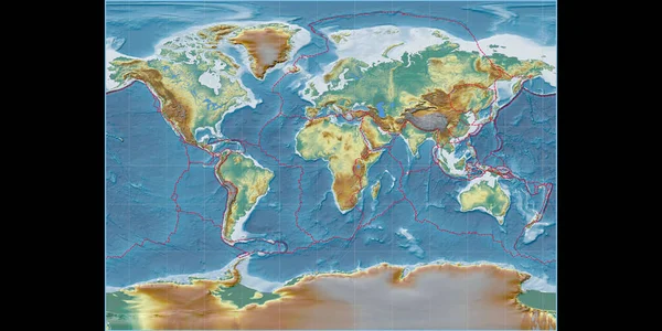 Карта Мира Цилиндрической Проекции Миллера Сосредоточена Восточной Долготе Топографическая Рельефная — стоковое фото