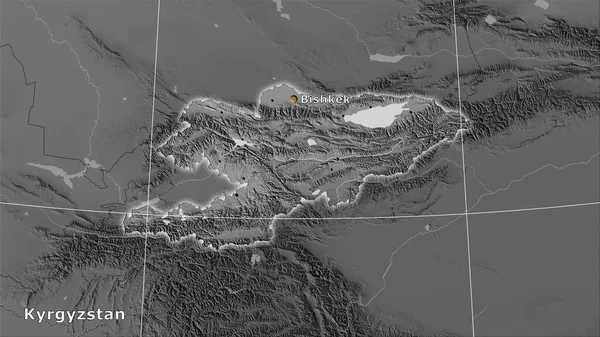 Kyrgyzstan Area Grayscale Elevation Map Stereographic Projection Main Composition — Stock Photo, Image