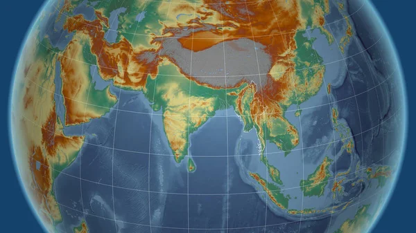 Myanmar. Neighborhood - distant perspective with outline of the country. topographic relief map