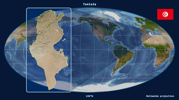 Zoomed View Tunisia Outline Perspective Lines Global Map Mollweide Projection — Stock Photo, Image