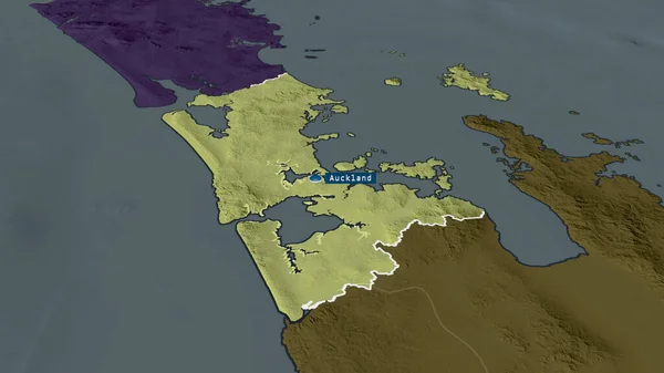 Auckland - regional council of New Zealand zoomed and highlighted with capital. Colored and bumped map of the administrative division. 3D rendering
