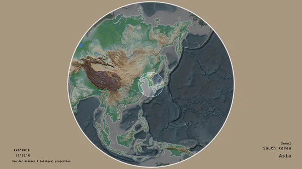 Jihokorejská Oblast Označená Kruhem Rozsáhlé Mapě Světadílu Izolované Odumřelém Pozadí — Stock fotografie