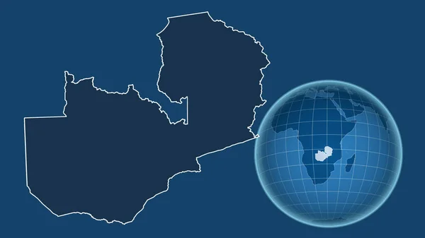 Zambia. Globe with the shape of the country against zoomed map with its outline isolated on the blue background. shapes only - land/ocean mask