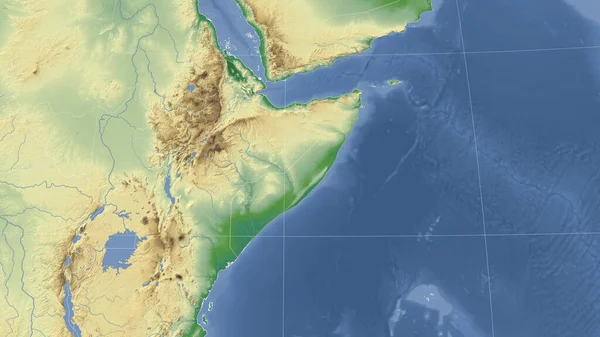 索马里及其邻国 距离偏斜的视角 没有轮廓 彩色物理图 — 图库照片
