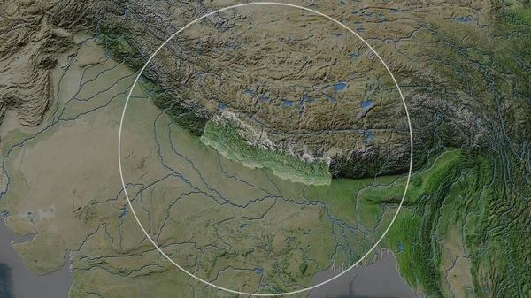 Rozšířená Oblast Nepálu Obklopená Kruhem Pozadí Jeho Okolí Satelitní Snímky — Stock fotografie
