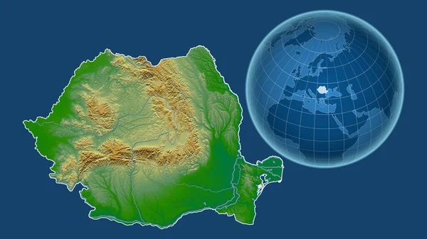 ルーマニアだ 青い背景に孤立した輪郭を持つ拡大地図に対して 国の形をした球体 色物理図 — ストック写真