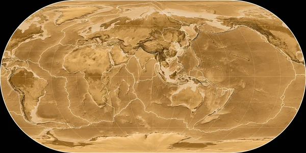 位于奥泰留斯椭圆形投影中的世界地图以东经90度为中心 塞皮亚浅色的高程图 具有满意和构造板块边界的栅格组合物 3D插图 — 图库照片